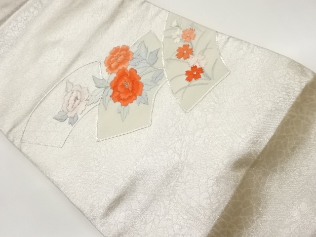 銀駒刺繍地紙に花々模様名古屋帯
